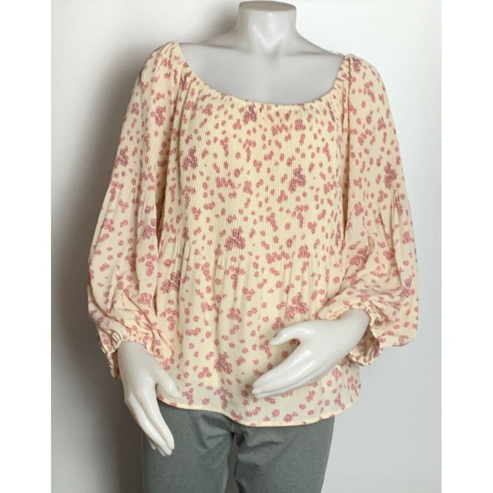 Women Blouse Size XL Alice Blue Off shoulder puffy sleeve Floral Print Ivory